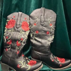 Vintage America Black Heeled Boots with Red Floral Embroidery